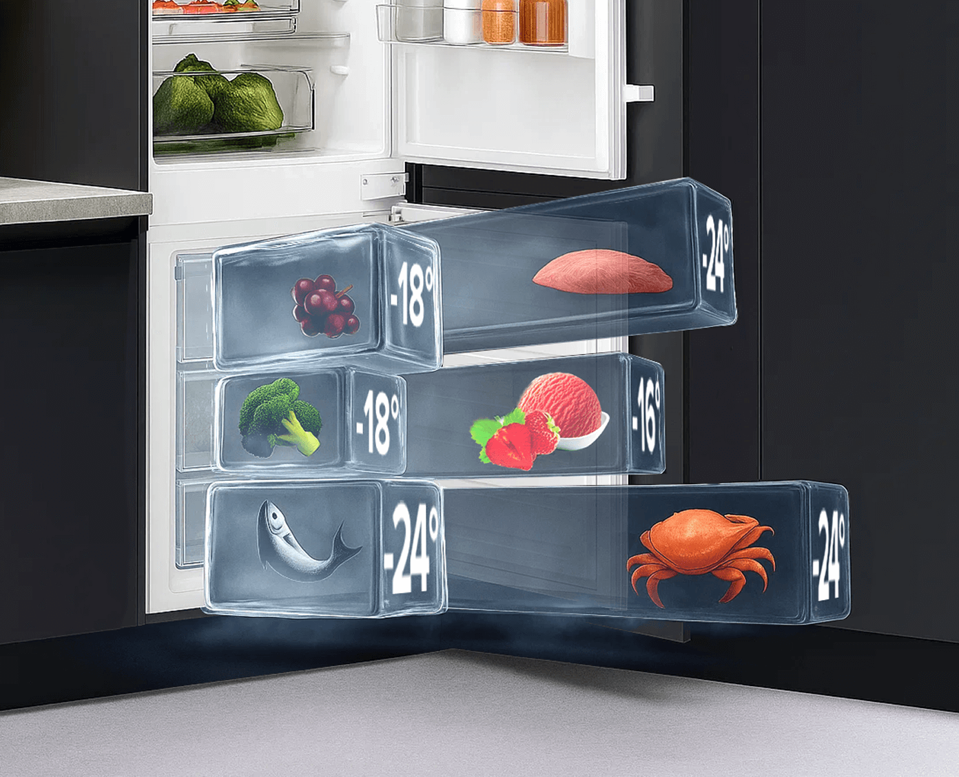 Точний температурний контроль в морозильній камері від –16 до –24 °C.