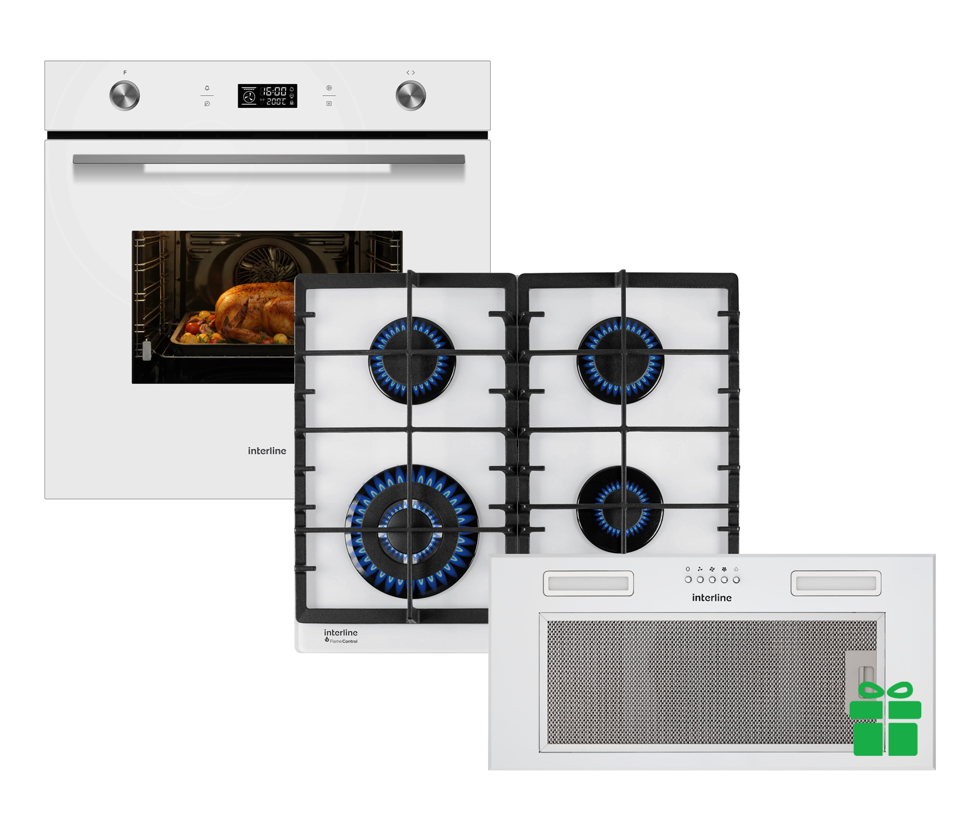 Комплект Духова шафа Interline OEG 592 ETC WA+ Поверхня газ Interline HGG 763 FGT WM FLAME = Вбудована Витяжка SMART S WH A/60/T у подарунок 