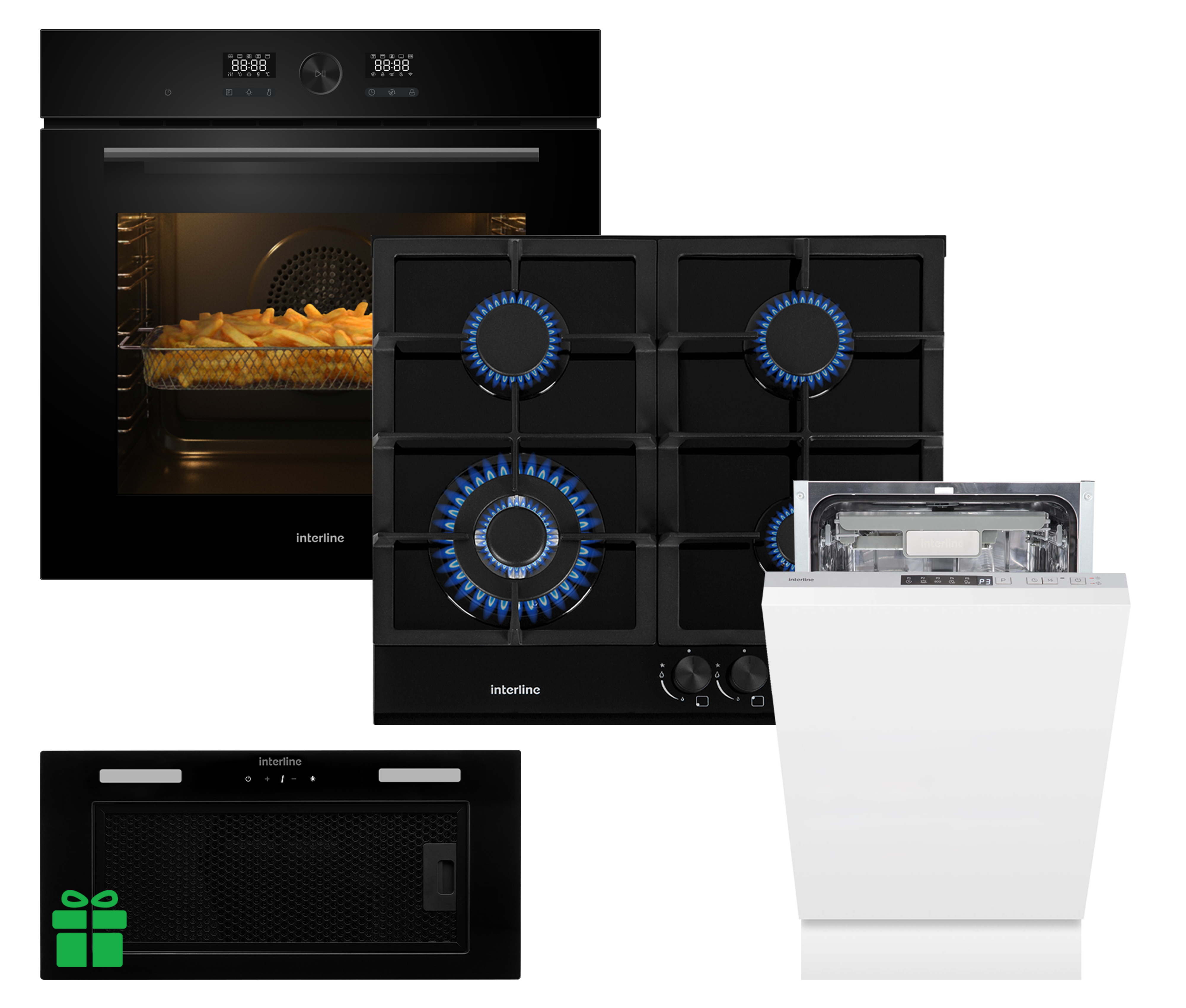 Комплект Духовка Interline OEG 734 ETD BA+Поверхня газ Interline HGG 764 FGT BA+ Посудомийна машина Interline DWI 549 BSA  GA=Витяжка LINE SENS A/60 GL/PB  у подарунок 