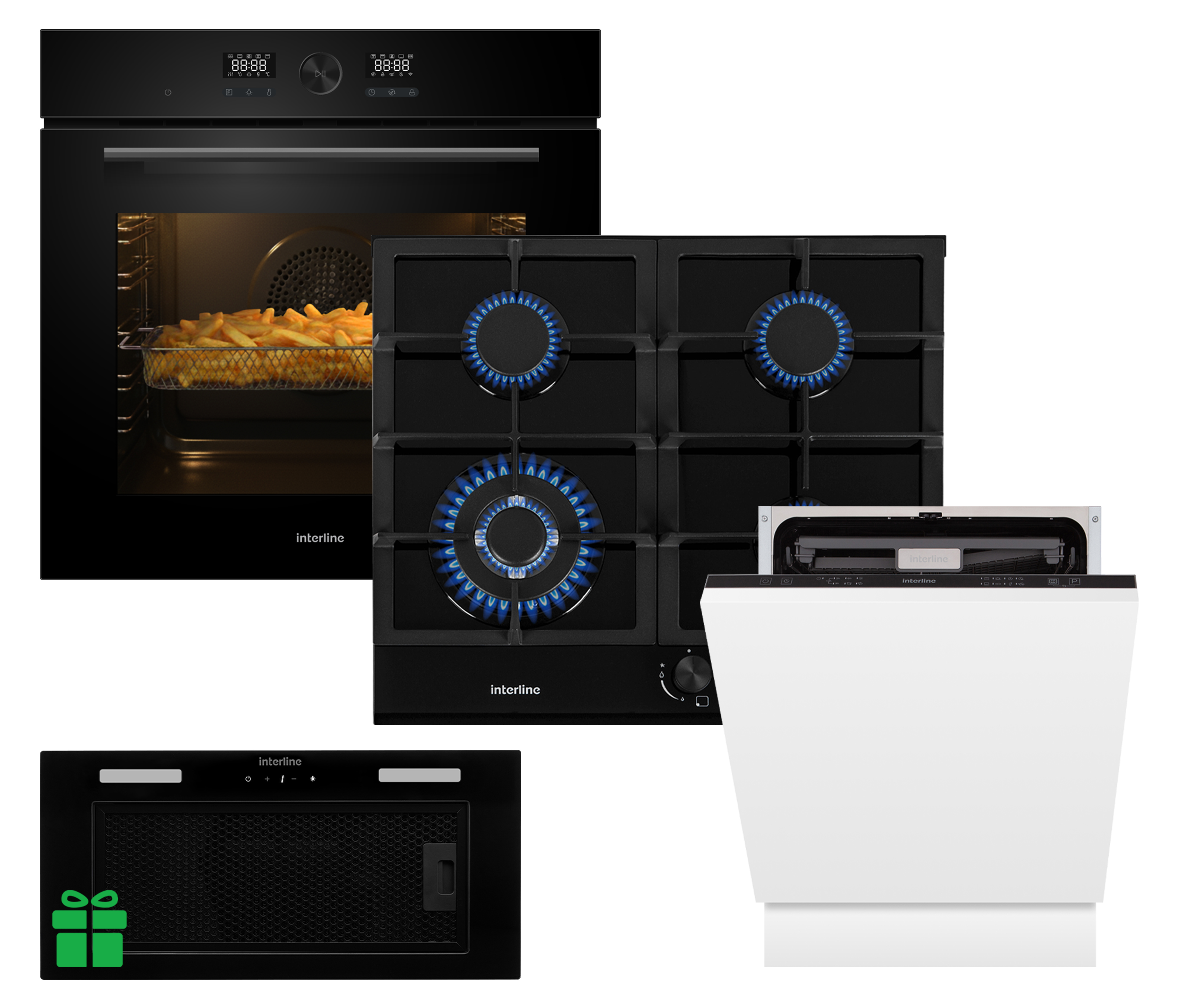 Комплект Духовка Interline OEG 734 ETD BA+Поверхня газ Interline HGG 764 FGT BA+Посудомийна машина  Interline DWI 760 DSV WA=Витяжка LINE SENS A/60 GL/PB  у подарунок 