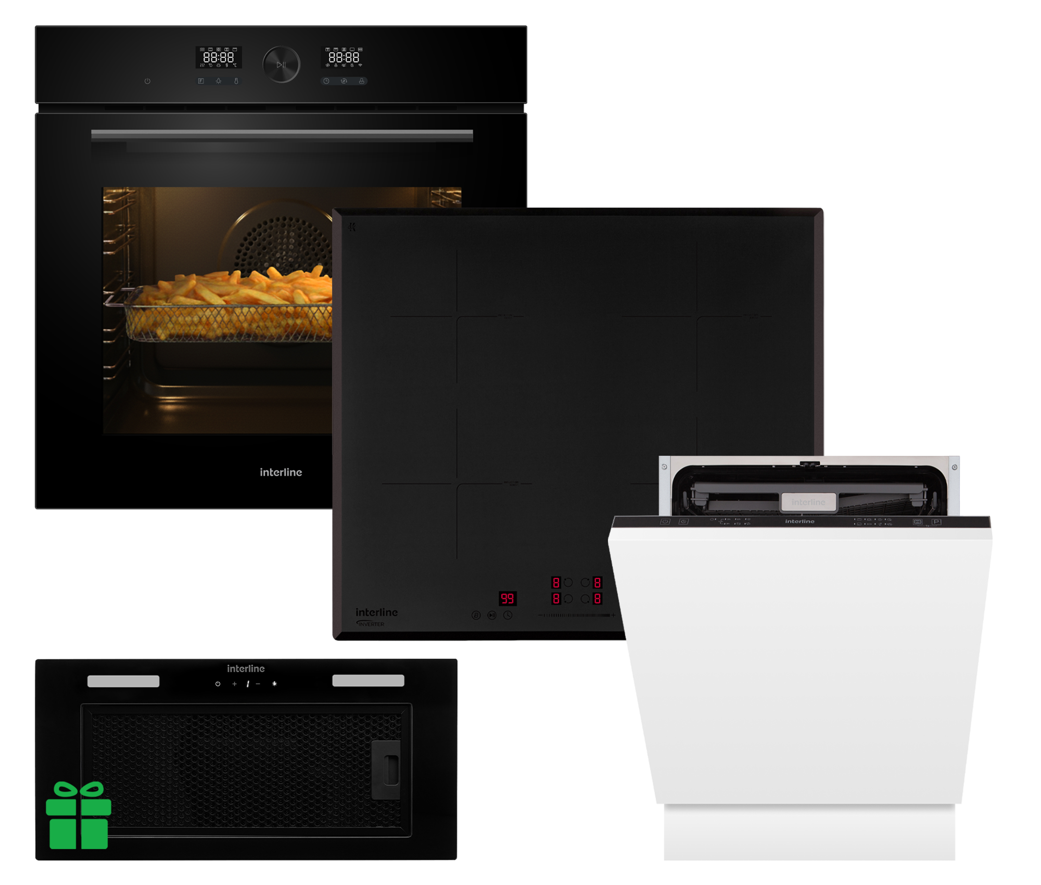 Комплект Духовка Interline OEG 734 ETD BA+Поверхня інд. Interline HIV 767 SIB BB Nano Matte+Посудомийна машина Interline DWI 760 DSV WA=Витяжка LINE SENS A/60 GL/PB  у подарунок 