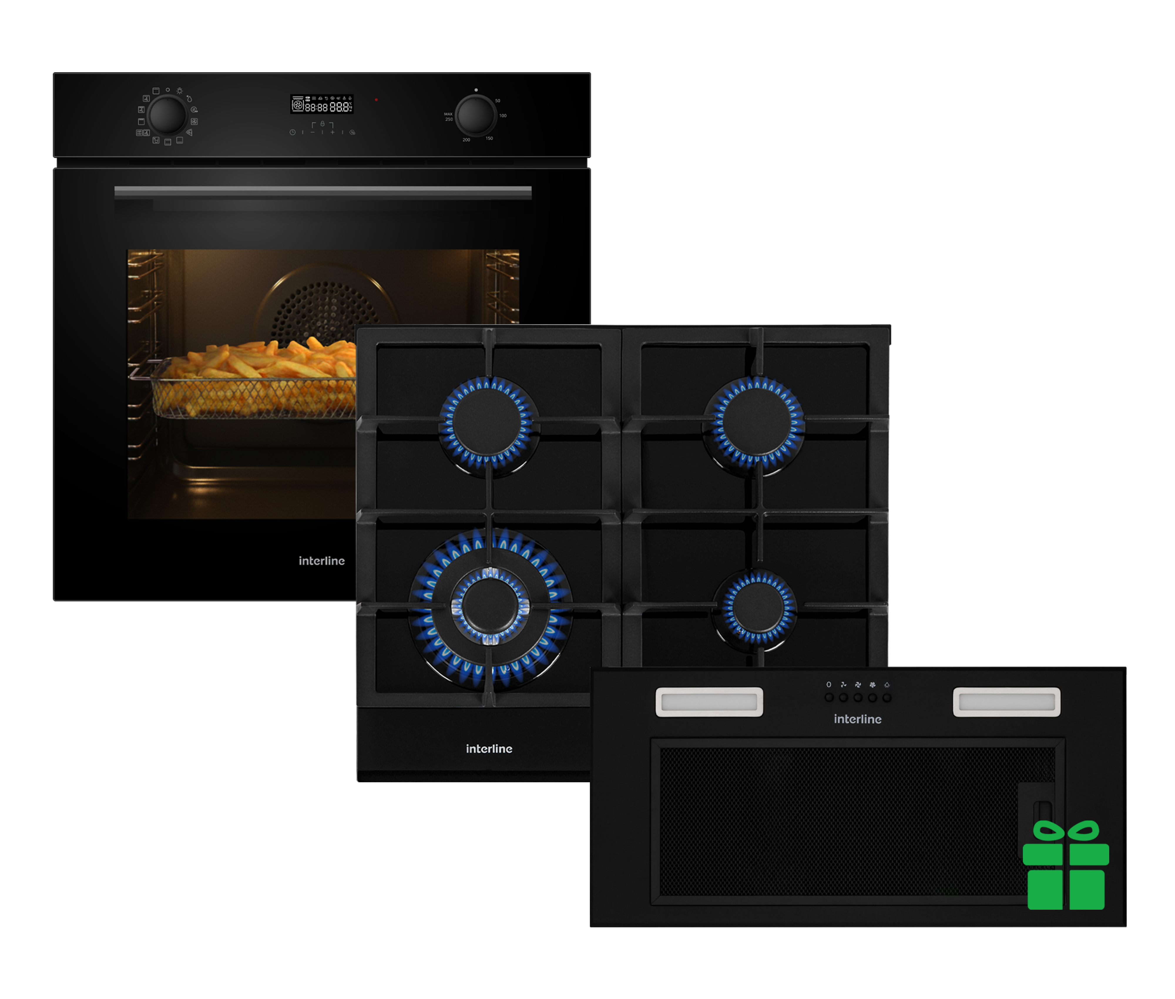 Комплект Духова шафа Interline OEG 741 ETG BA + Поверхня газ Interline HGG 764 FGT BA = Вбудована Витяжка SMART S BL A/60/T  у подарунок 