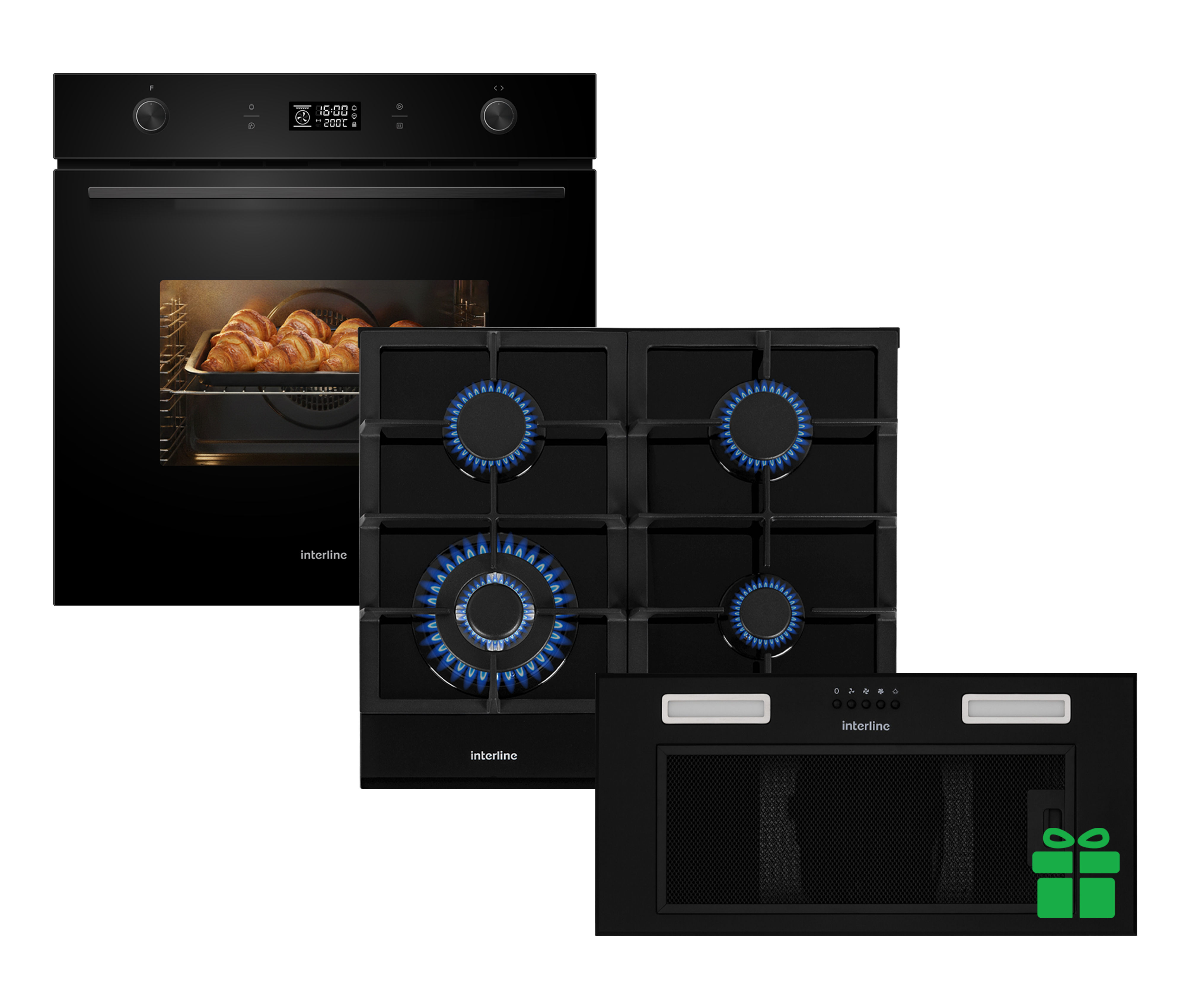 Комплект Духова шафа Interline OEG 592 ETW BA + Поверхня газ Interline HGG 764 FGT BA = Вбудована Витяжка SMART S BL A/60/T  у подарунок 