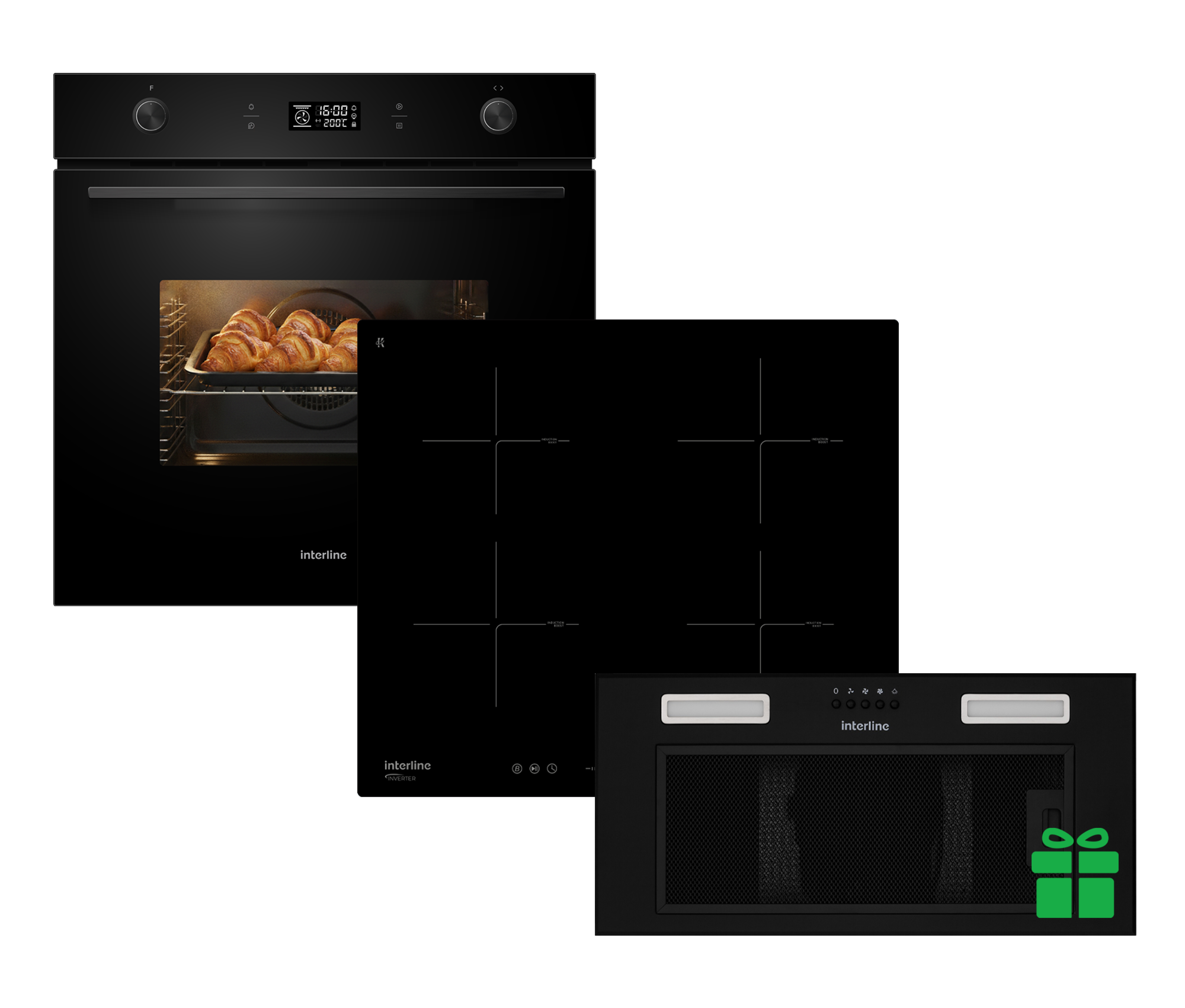 Комплект Духова шафа Interline OEG 592 ETW BA + Поверхня інд. Interline HIV 567 SBP BA = Вбудована Витяжка SMART S BL A/60/T  у подарунок 