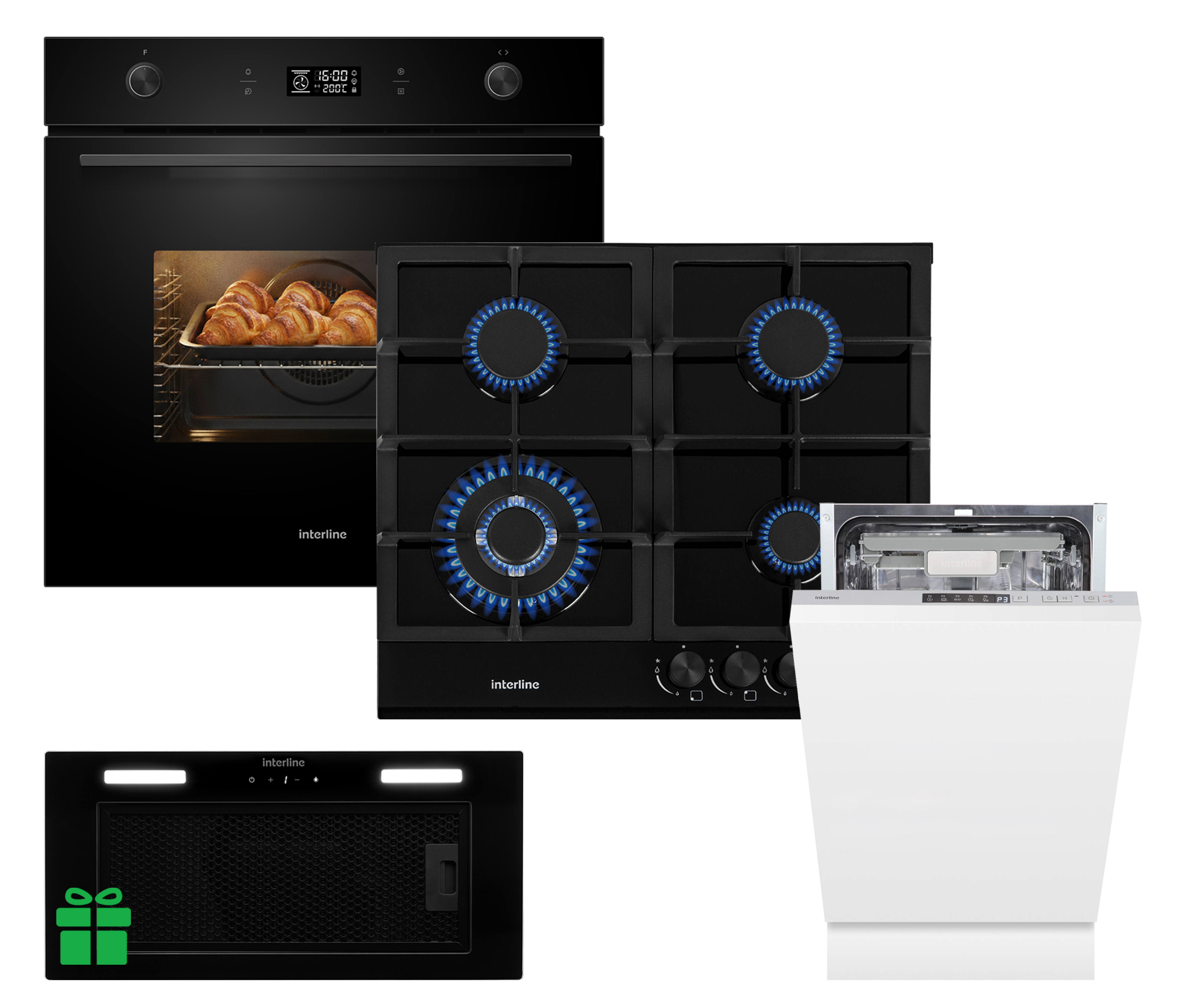 Комплект Духовка Interline OEG 592 ETW BA+Поверхня газInterline HGG 764 FGT BA+ Посудомийна машина Interline DWI 549 BSA  GA=Витяжка LINE SENS A/60 GL/PB  у подарунок 