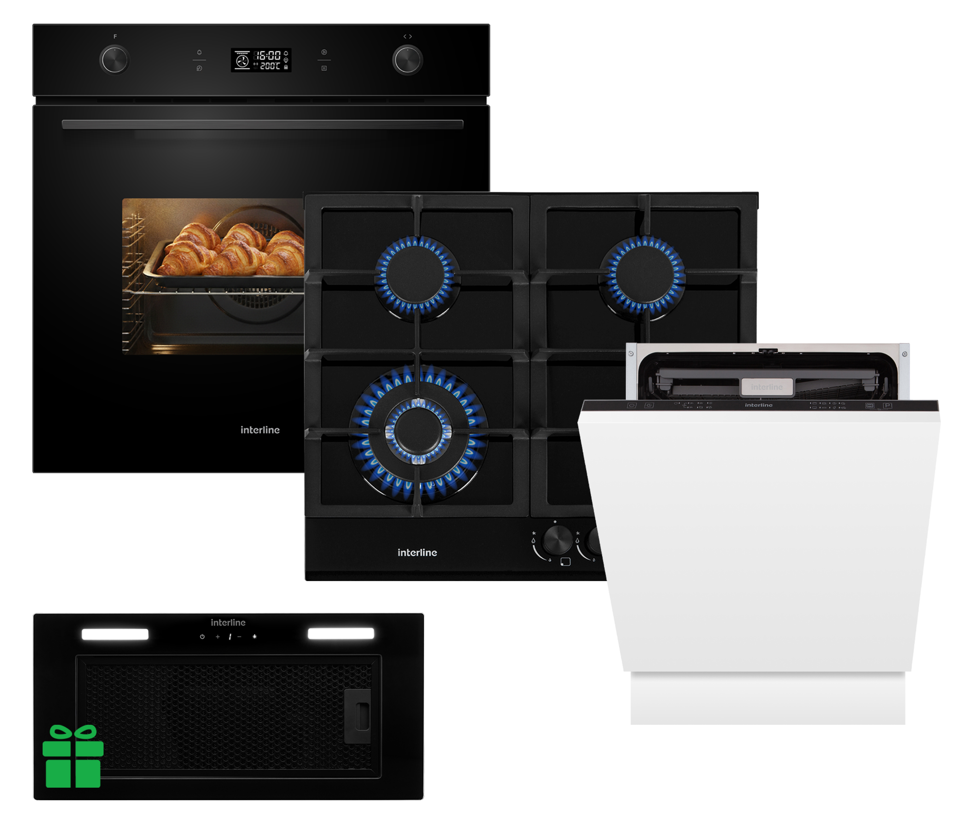 Комплект Духовка Interline OEG 592 ETW BA+Поверхня газ Interline HGG 764 FGT BA+Посудомийна машина  Interline DWI 760 DSV WA=Витяжка LINE SENS A/60 GL/PB  у подарунок 