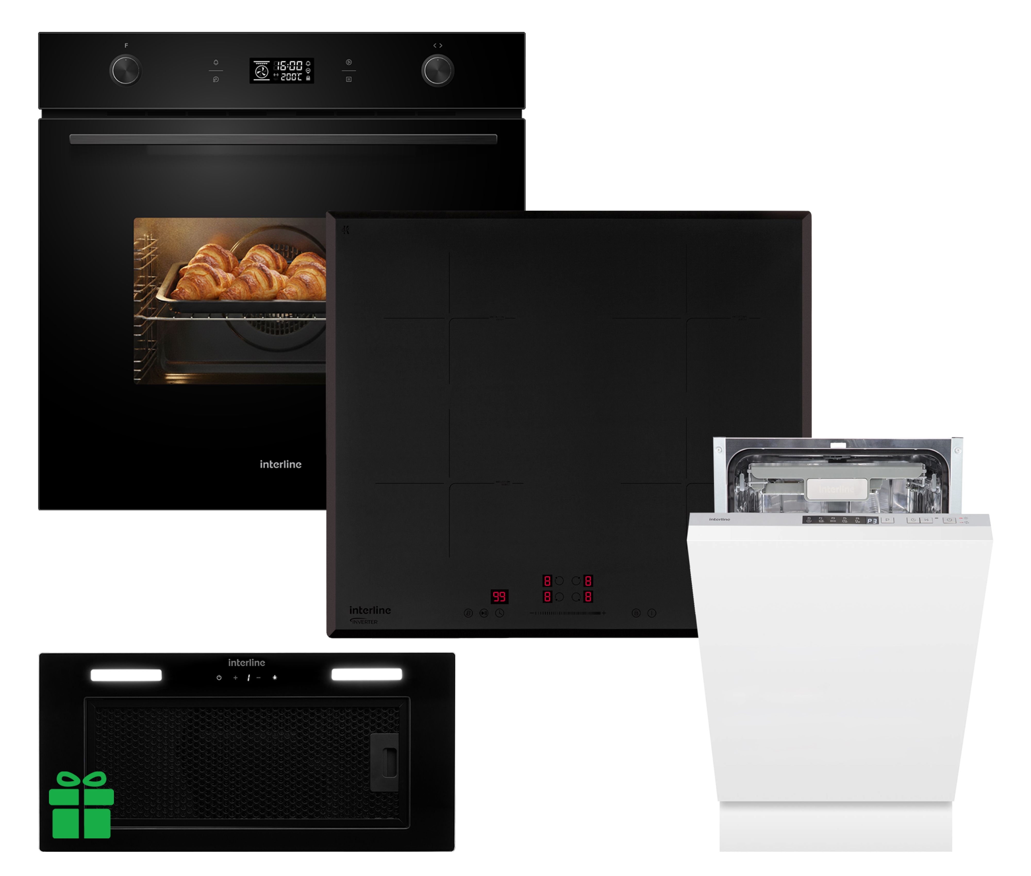 Комплект Духовка Interline OEG 592 ETW BA+Поверхня інд. Interline HIV 767 SIB BB Nano Matte + Посудомийна машина Interline DWI 549 BSA GA =Витяжка LINE SENS A/60 GL/PB  у подарунок 