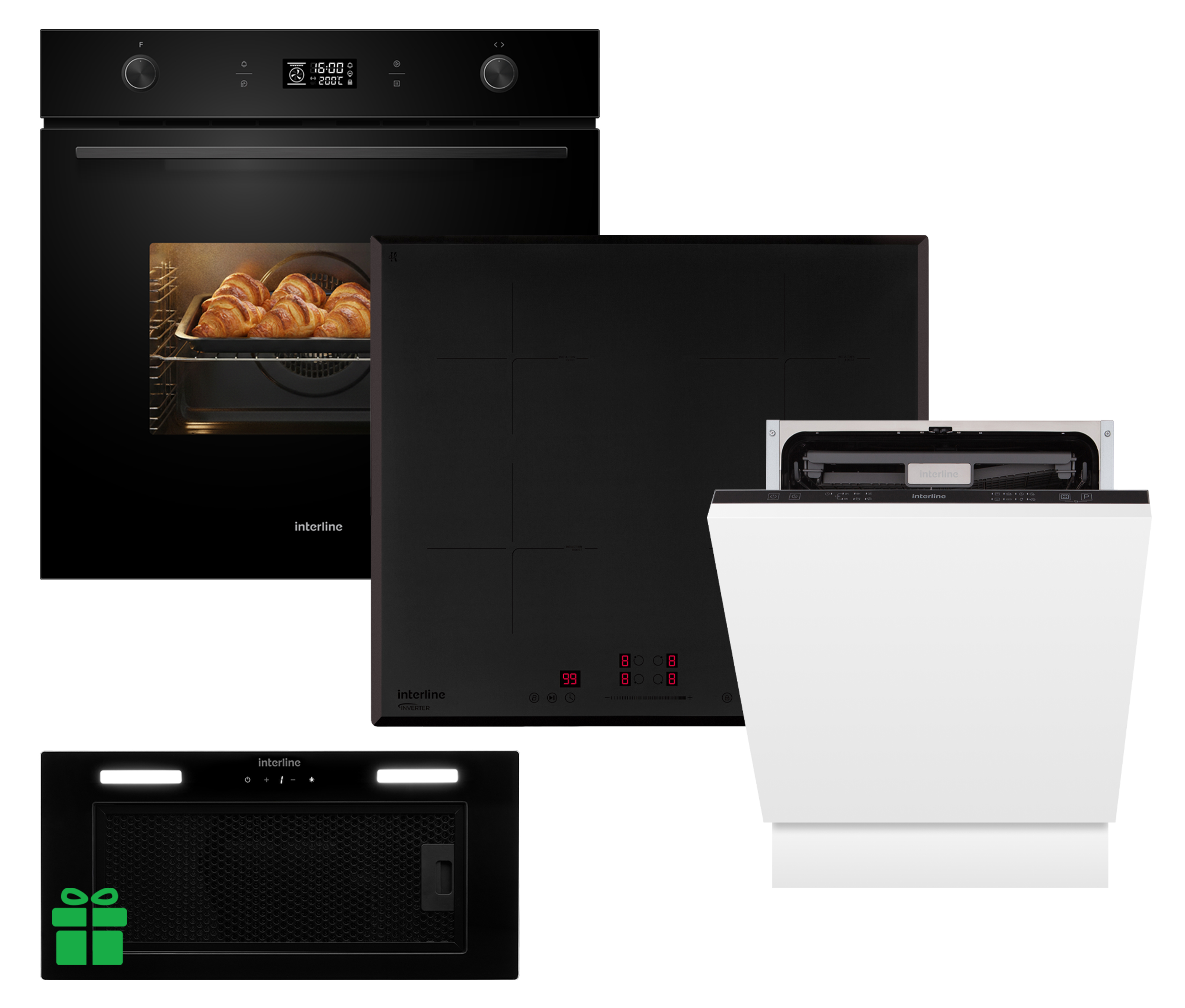 Комплект Духовка Interline OEG 592 ETW BA+Поверхня інд. Interline HIV 767 SIB BB Nano Matte+Посудомийна машина Interline DWI 760 DSV WA=Витяжка LINE SENS A/60 GL/PB  у подарунок 