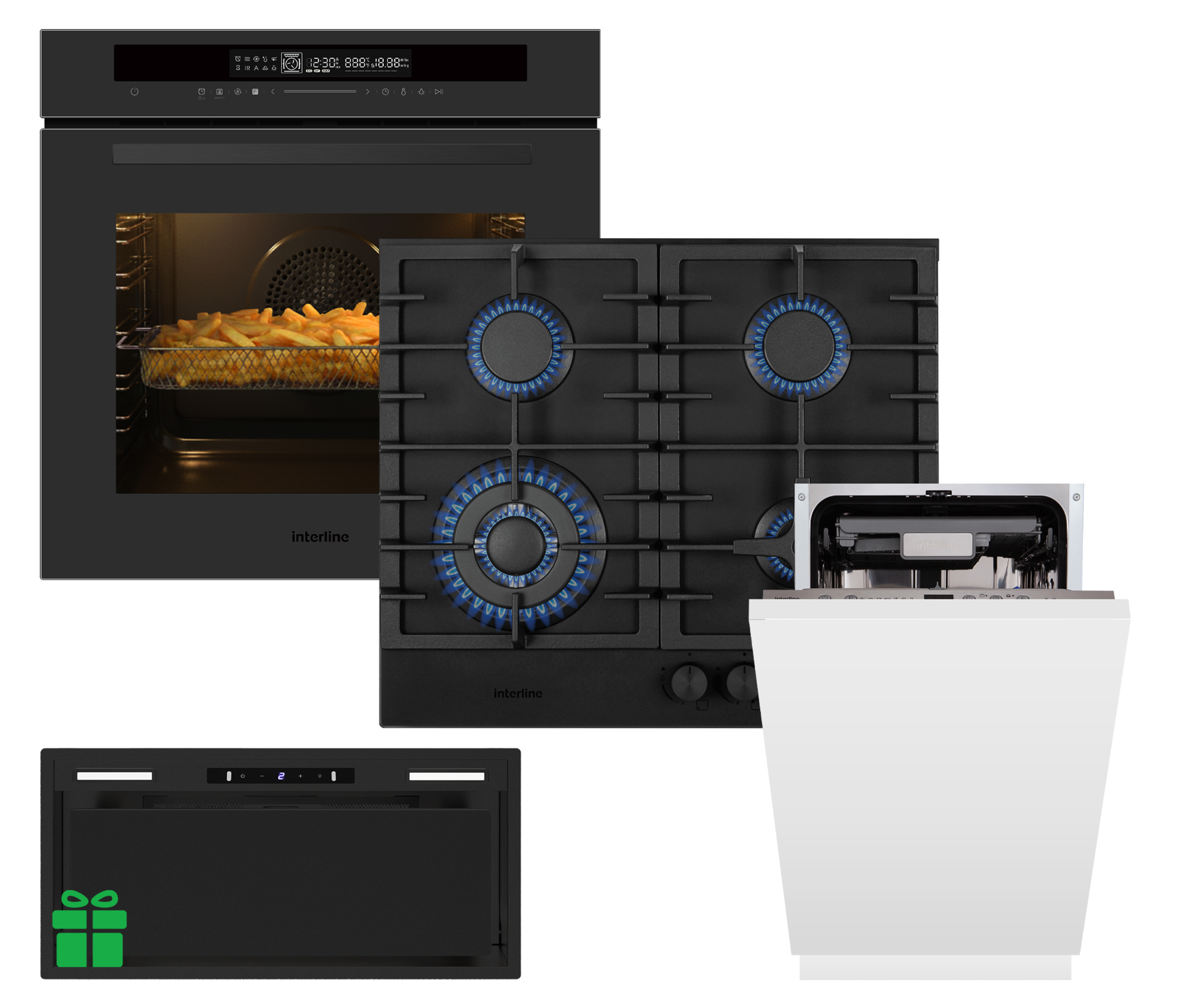 Комплект Духовка Interline OEG 935 STG BA Pure Black+Поверхня газ Interline HGG 964 FGT BH Nano Matte+Посудомийна машина Interline DWI 945 DSO WA  =Витяжка STRONG MATT BL A/60/GL/M INV у подарунок 