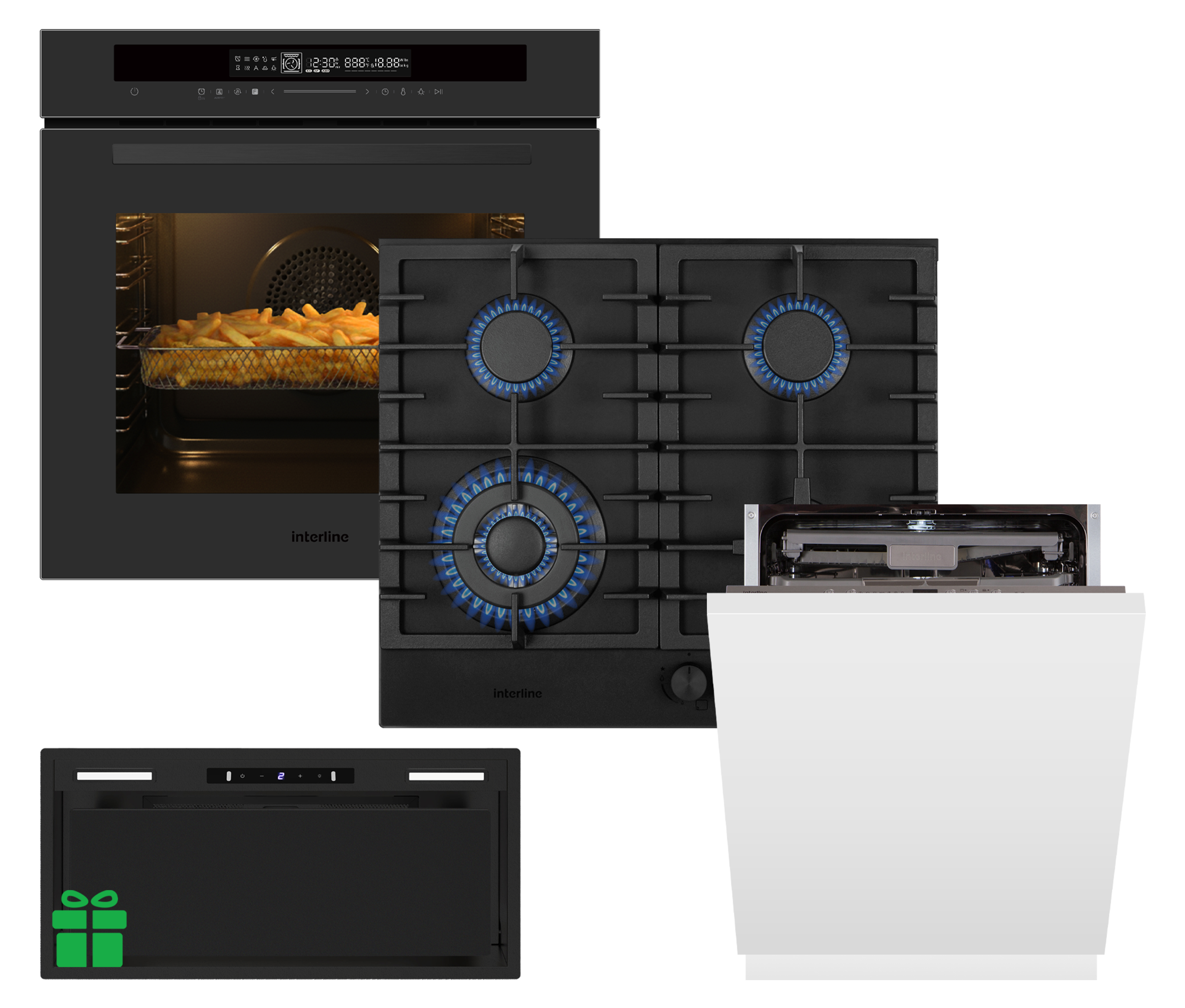 Комплект Духовка Interline OEG 935 STG BA Pure Black+Поверхня газ Interline HGG 964 FGT BH Nano Matte+Посудомийна машина Interline DWI 965 DSO WA =Витяжка STRONG MATT BL A/60/GL/M INV у подарунок 