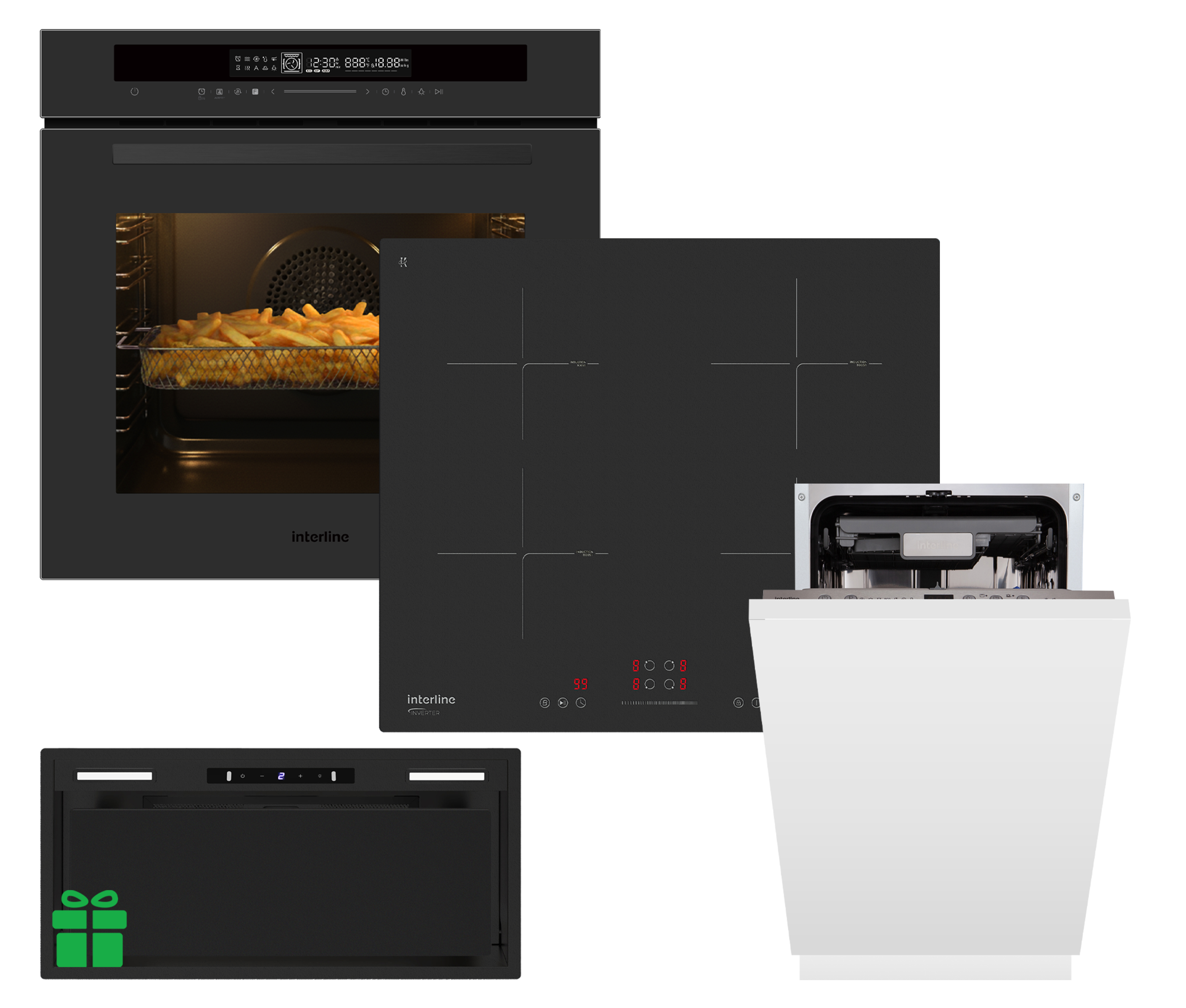 Комплект Духовка Interline OEG 935 STG BA Pure Black+Поверхня інд. Interline HIV 767 SIB BB Nano Matte+Посудомийна машина Interline DWI 945 DSO WA =Витяжка STRONG MATT BL A/60/GL/M INV у подарунок 