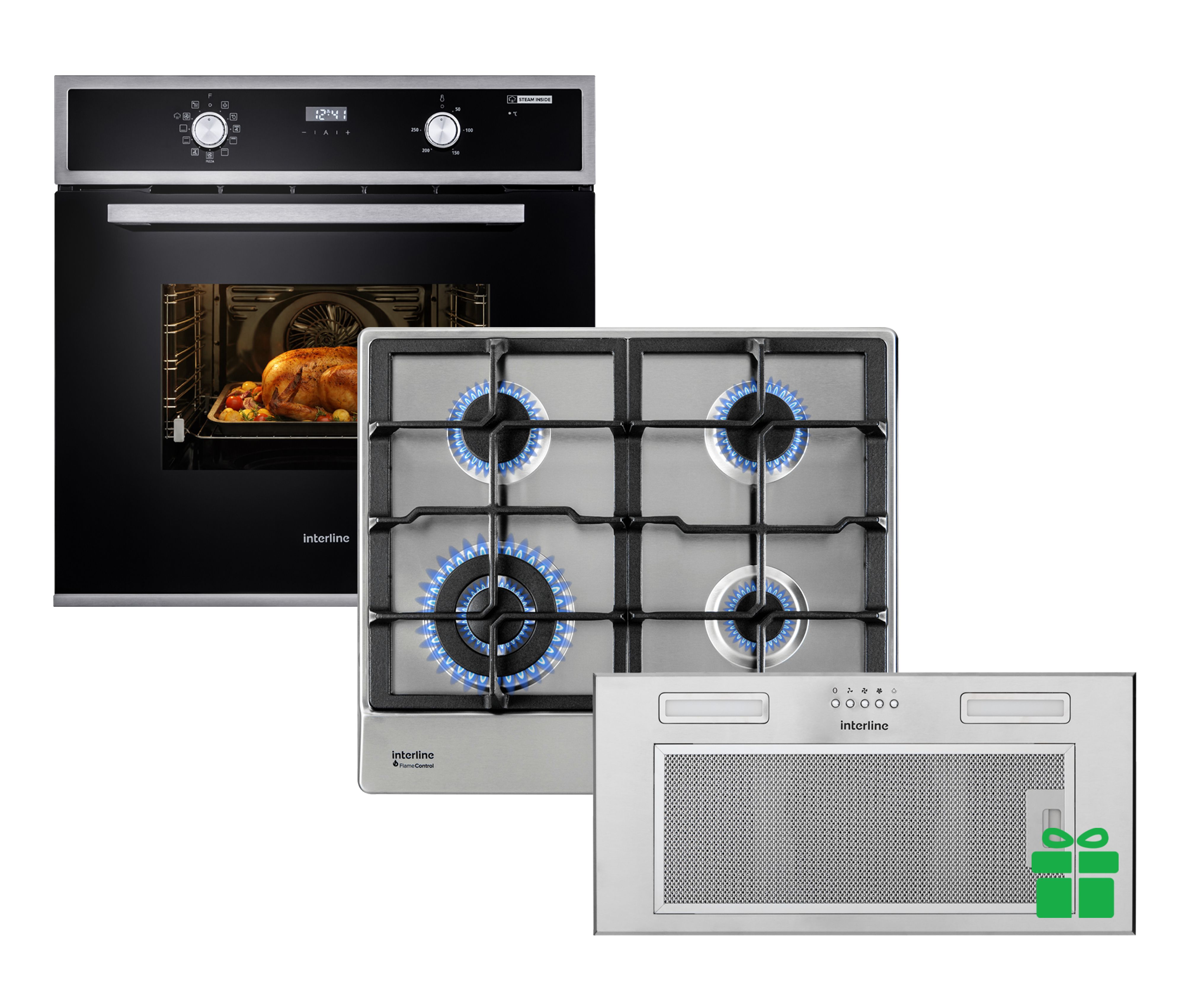 Комплект Духова шафа Interline OES 543 ECC XA + Поверхня газ Interline HGS 763 FGT XM FLAME = Вбудована Витяжка SMART S IX A/60/T  у подарунок 