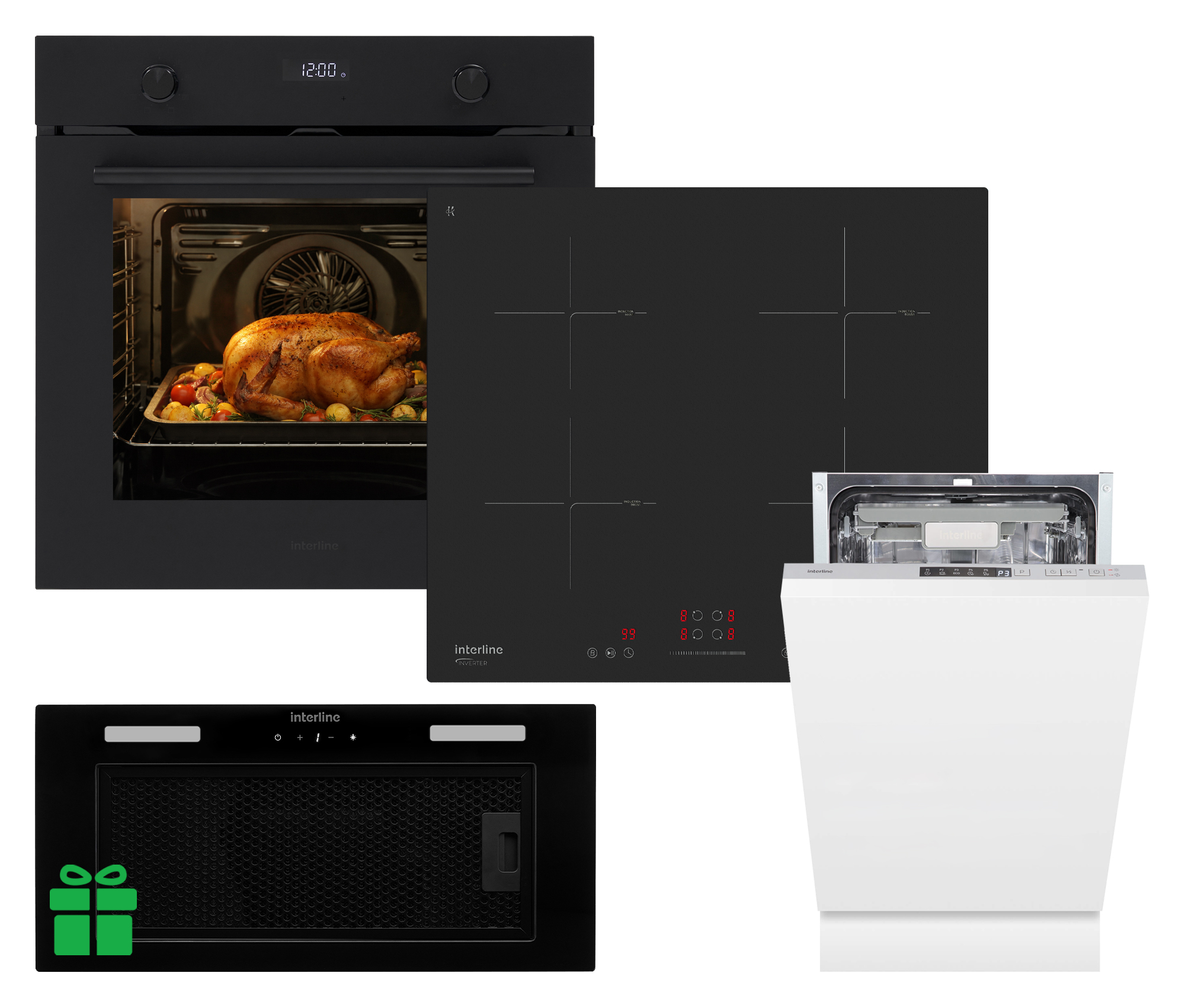 Комплект Духовка Interline OEG 781 ETR BA Nano Matte+Поверхня інд. Interline HIV 767 SIB BB Nano Matte + Посудомийна машина Interline DWI 549 BSA GA =Витяжка LINE SENS A/60 GL/PB  у подарунок 
