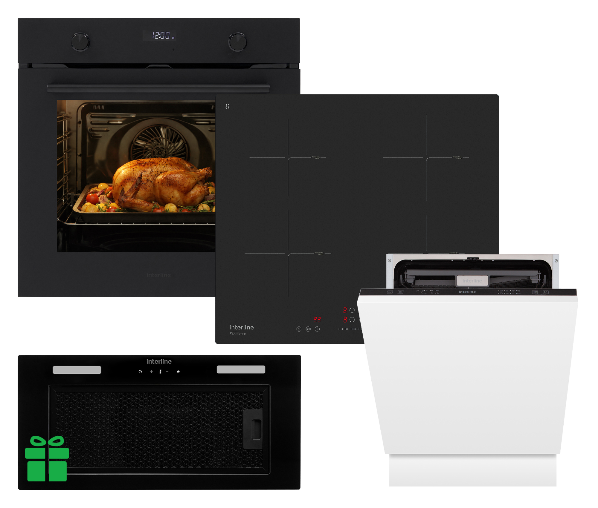 Комплект Духовка Interline OEG 781 ETR BA NanoBA+Поверхня інд. Interline HIV 767 SIB BB Nano Matte+Посудомийна машина Interline DWI 760 DSV WA=Витяжка LINE SENS A/60 GL/PB  у подарунок 