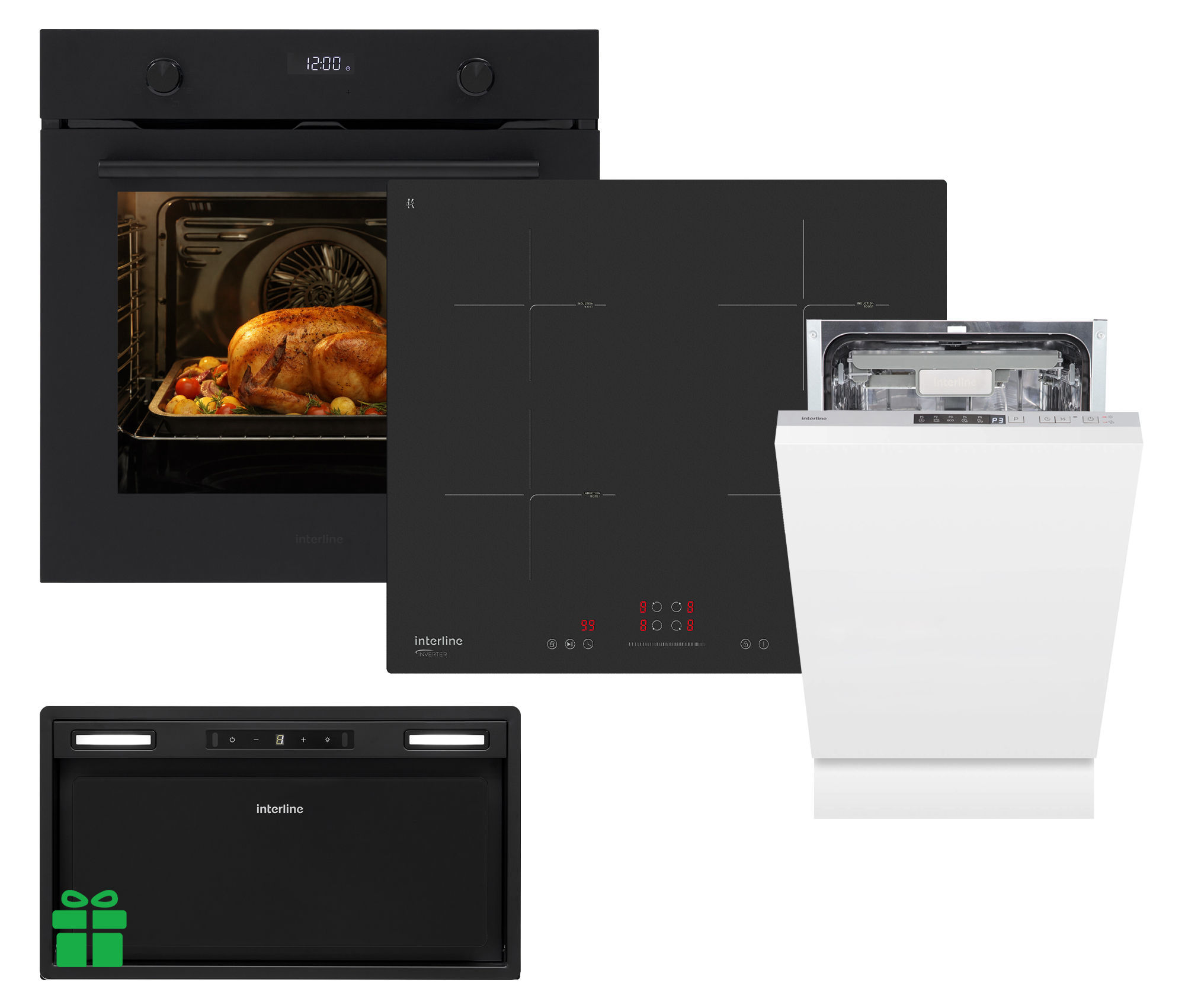 Комплект Духовка Interline OEG 781 ETR BA Nano Matte+Поверхня інд. Interline HIV 767 SIB BB Nano Matte + Посудомийна машина Interline DWI 549 BSA GA =Витяжка BOXGLASS BL A/60 PB/2/T/2  у подарунок 