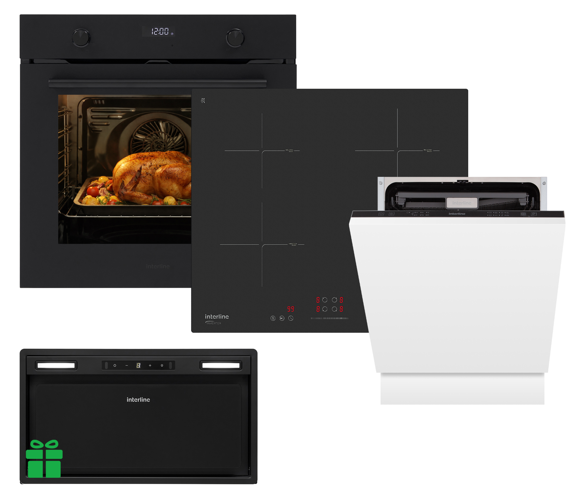 Комплект Духовка Interline OEG 781 ETR BA NanoBA+Поверхня інд. Interline HIV 767 SIB BB Nano Matte+Посудомийна машина Interline DWI 760 DSV WA=Витяжка BOXGLASS BL A/60 PB/2/T/2 у подарунок 