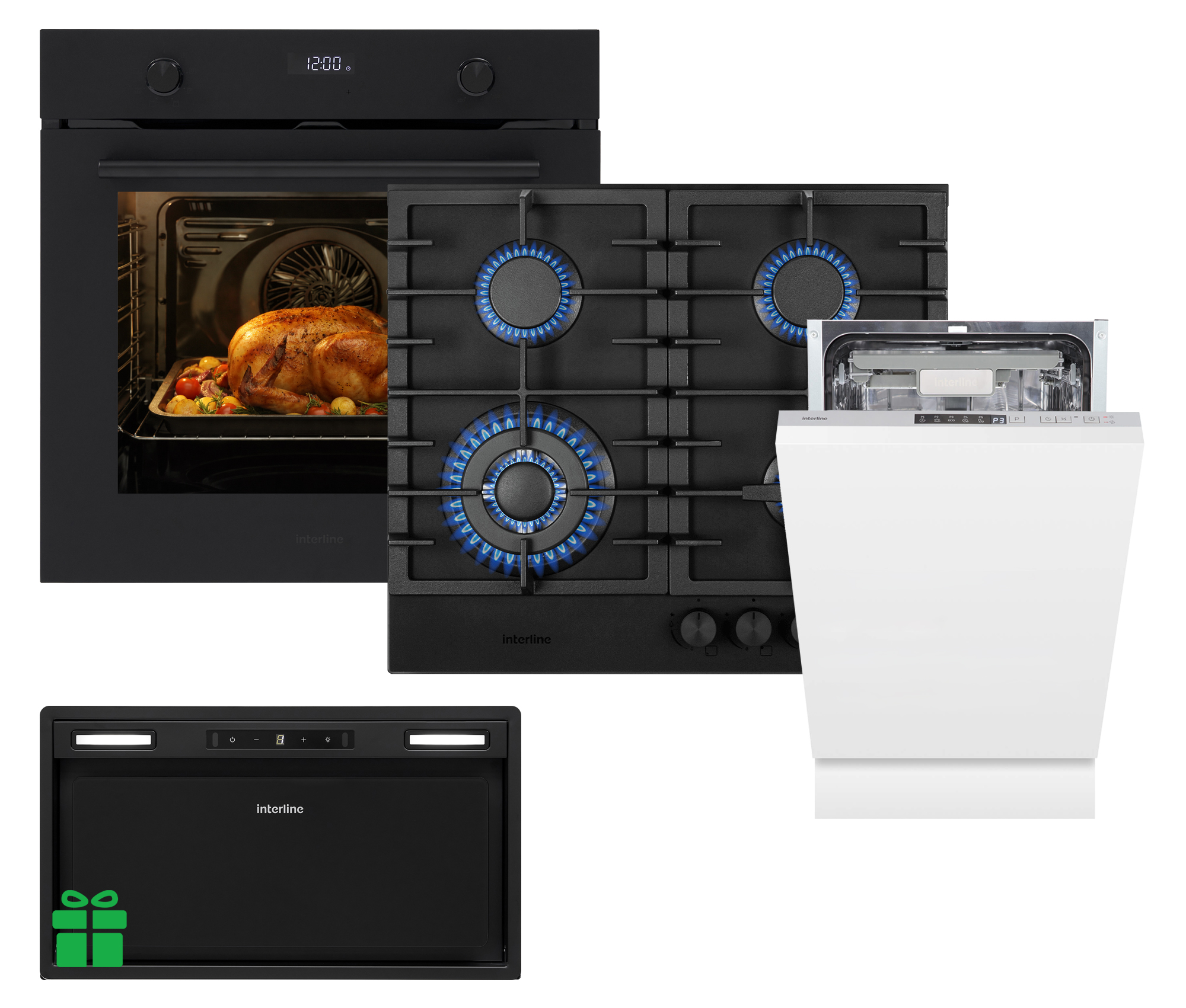 Комплект Духовка Interline OEG 781 ETR BA Nano Matte+Поверхня газ Interline HGG 964 FGT BH Nano Matte + Посудомийна машина Interline DWI 549 BSA GA =Витяжка BOXGLASS BL A/60 PB/2/T/2  у подарунок 