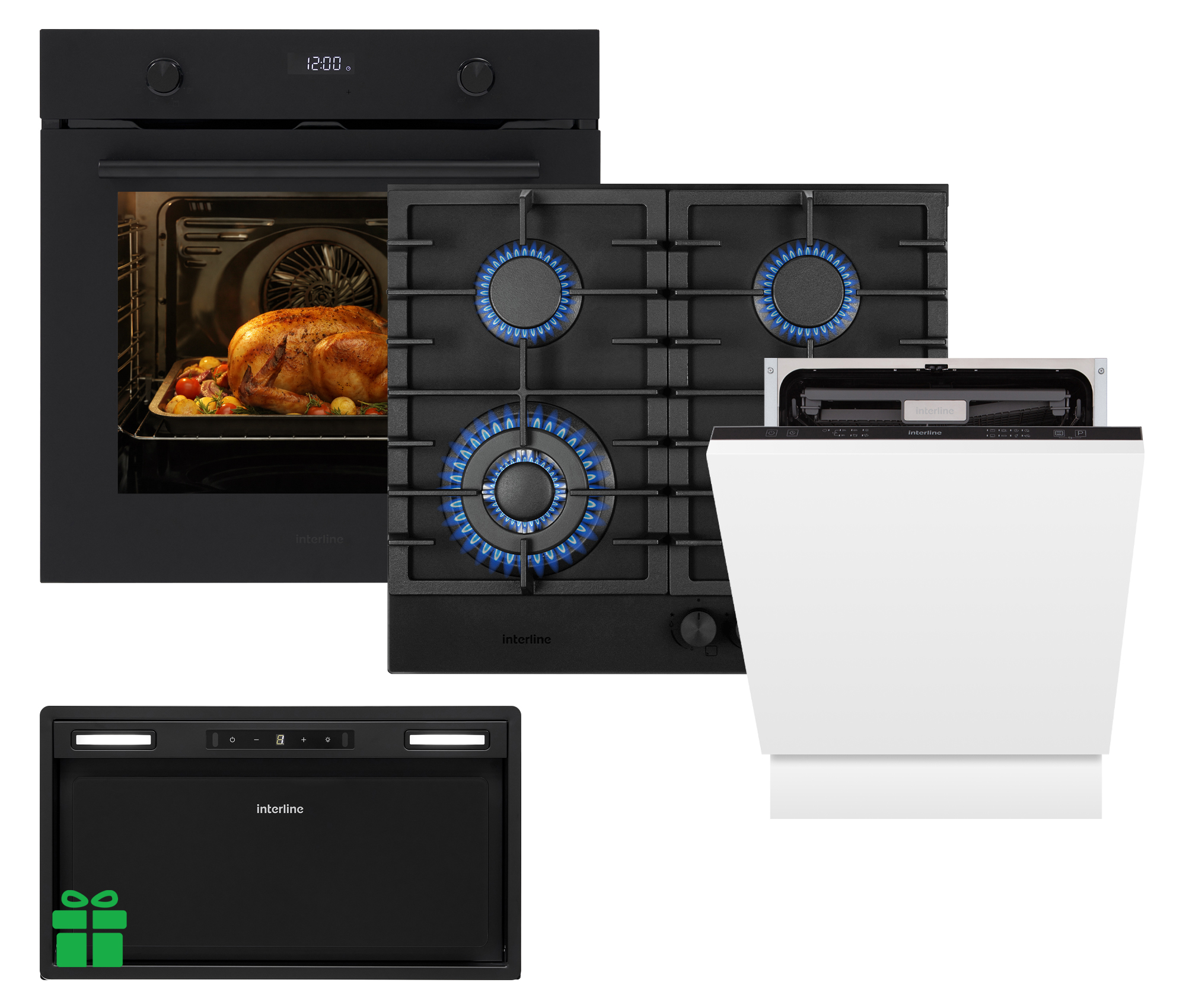 Комплект Духовка Interline OEG 781 ETR BA NanoBA+Поверхня газ Interline HGG 964 FGT BH Nano Matte+Посудомийна машина Interline DWI 760 DSV WA=Витяжка BOXGLASS BL A/60 PB/2/T/2 у подарунок 
