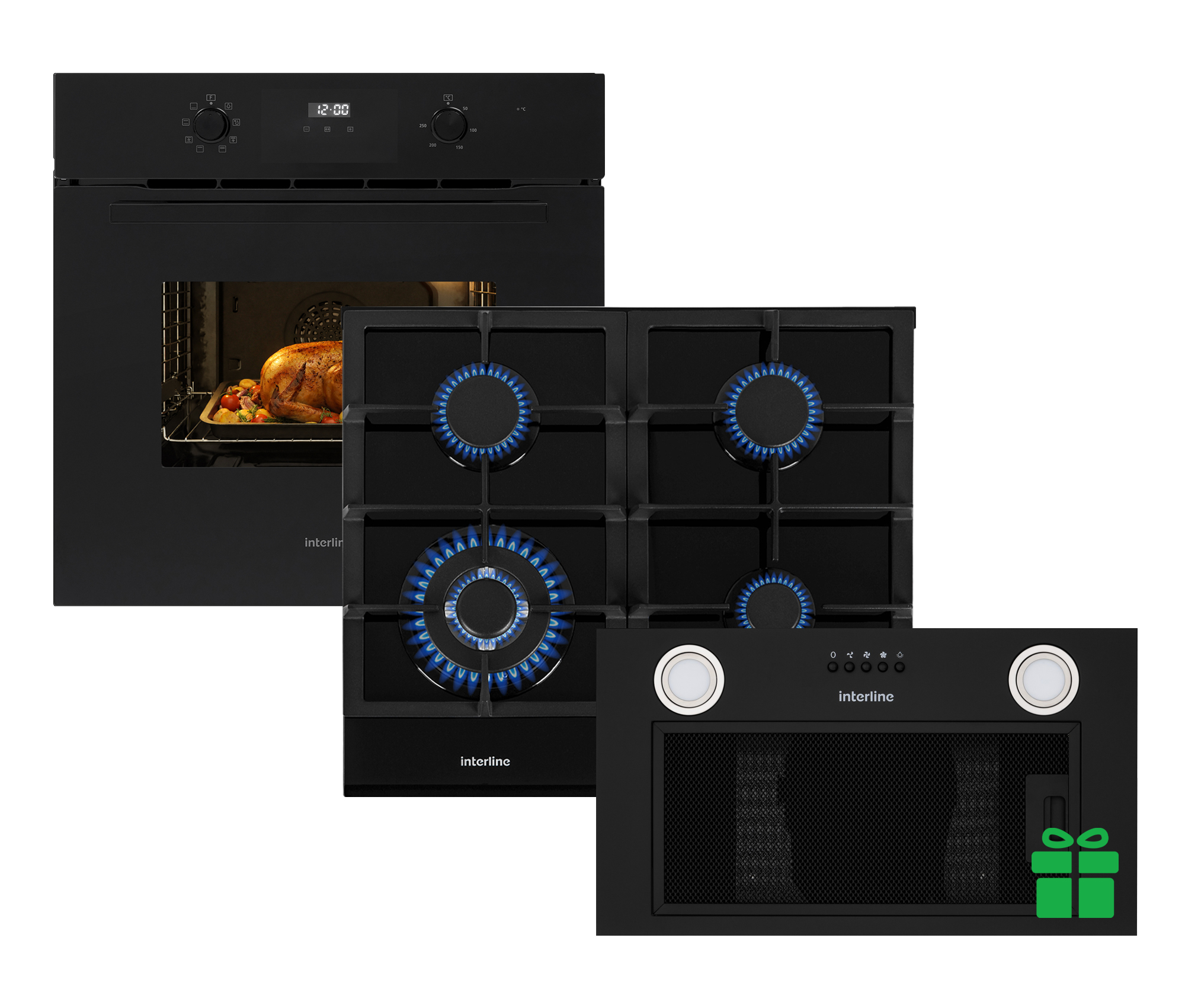 Комплект Духова шафа Interline OEG 581 ECR BA + Поверхня газ Interline HGG 764 FGT BA = Вбудована Витяжка BASIC Black A/60/PB  у подарунок 
