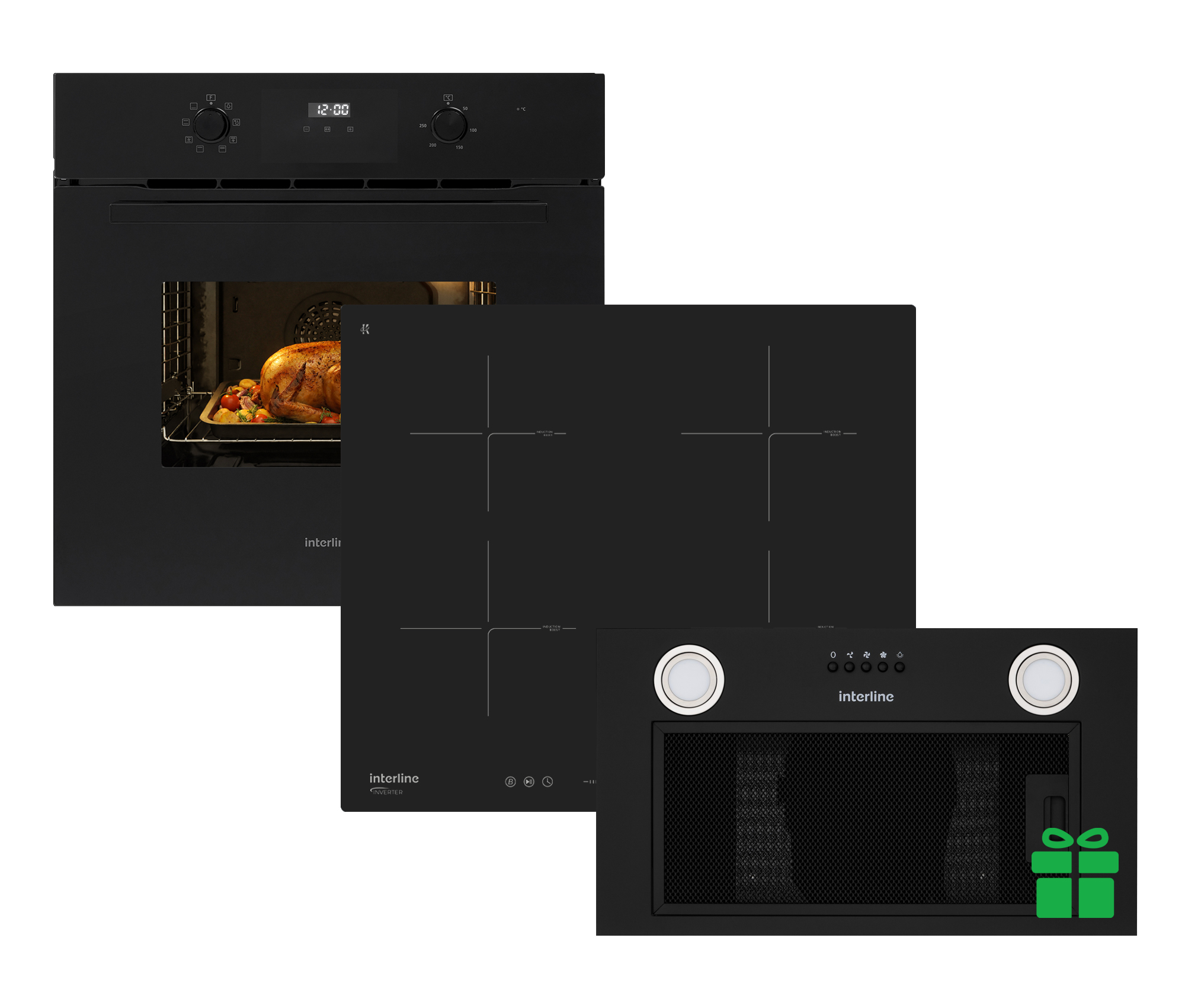 Комплект Духова шафа Interline OEG 581 ECR BA + Поверхня інд. Interline HIV 567 SBP BA= Вбудована Витяжка BASIC Black A/60/PB  у подарунок 