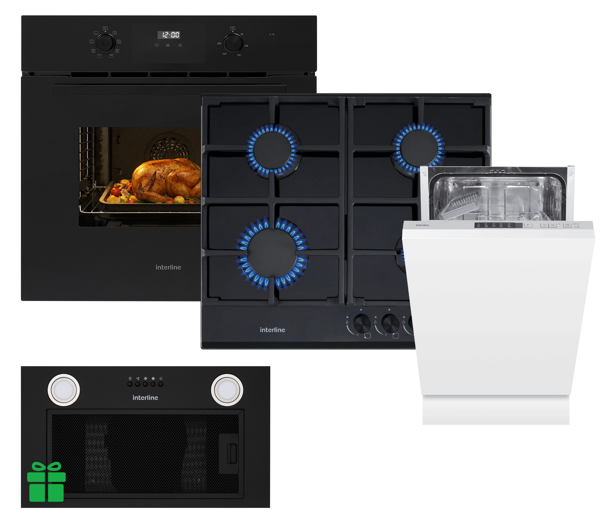 Комплект Духовка Interline OEG 581 ECR BA+Поверхня газ Interline VGS 463 FGK BA+Посудомийна машина Interline DWI 440 TSH GA++  =Витяжка BASIC Black A/60/PB у подарунок 