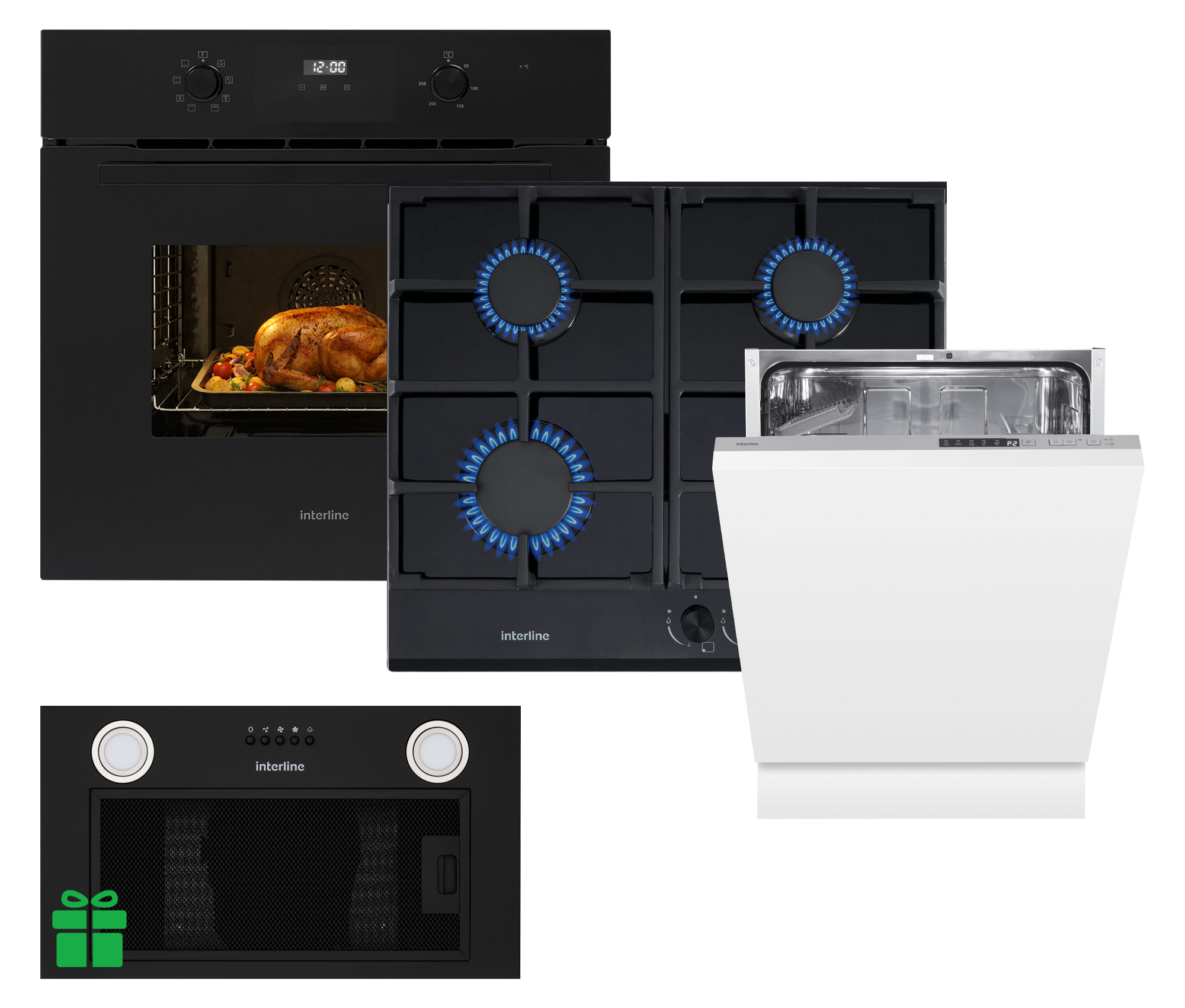 Комплект Духовка Interline OEG 581 ECR BA+Поверхня газ Interline VGS 463 FGK BA+Посудомийна машина Interline DWI 669  TSD GA++ =Витяжка BASIC Black A/60/PB у подарунок 