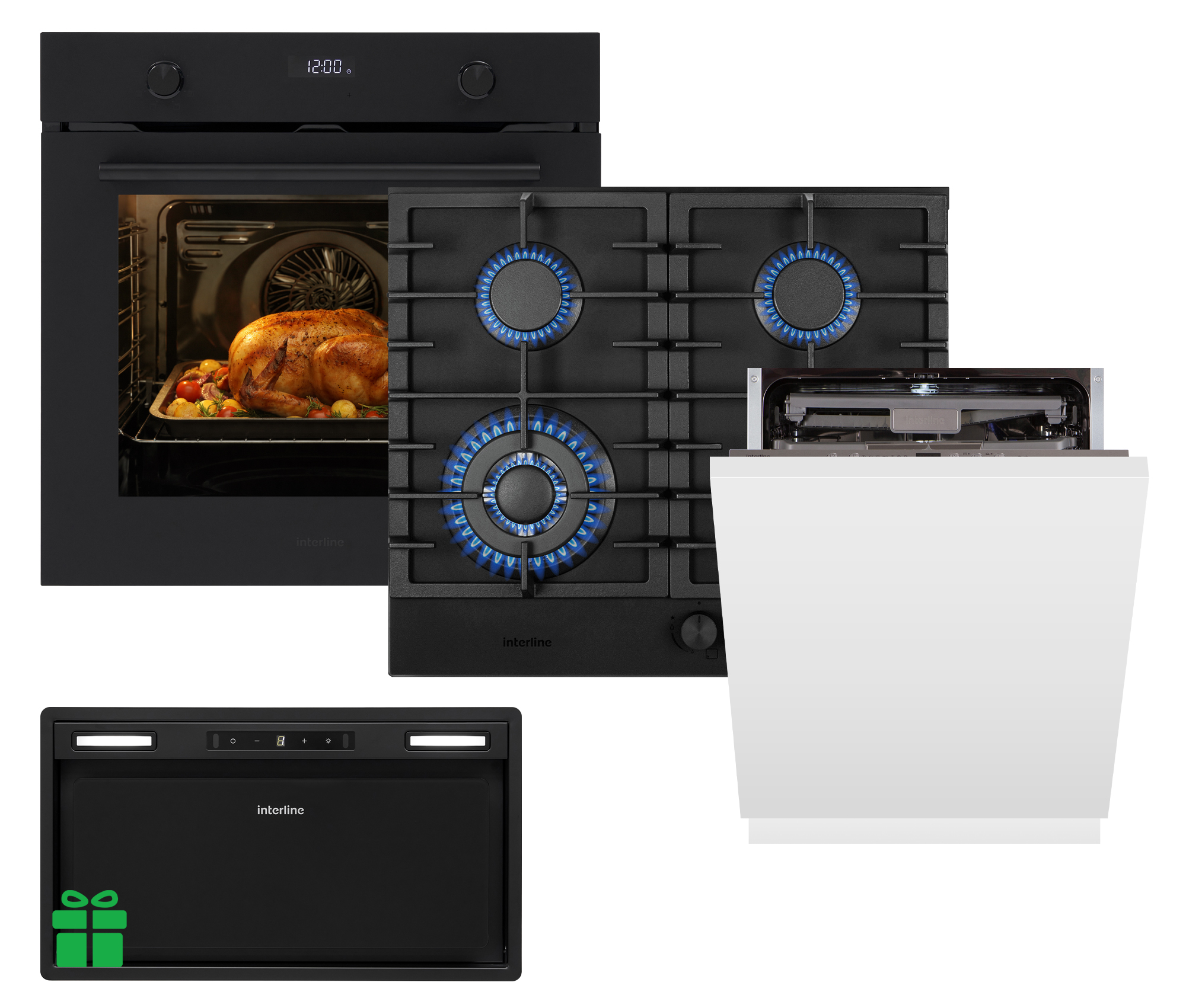 Комплект Духовка Interline OEG 781 ETR BA Nano Matte+Поверхня газ Interline HGG 964 FGT BH Nano Matte + Посудомийна машина Interline DWI 965 DSO WA  =Витяжка BOXGLASS BL A/60 PB/2/T/2  у подарунок 