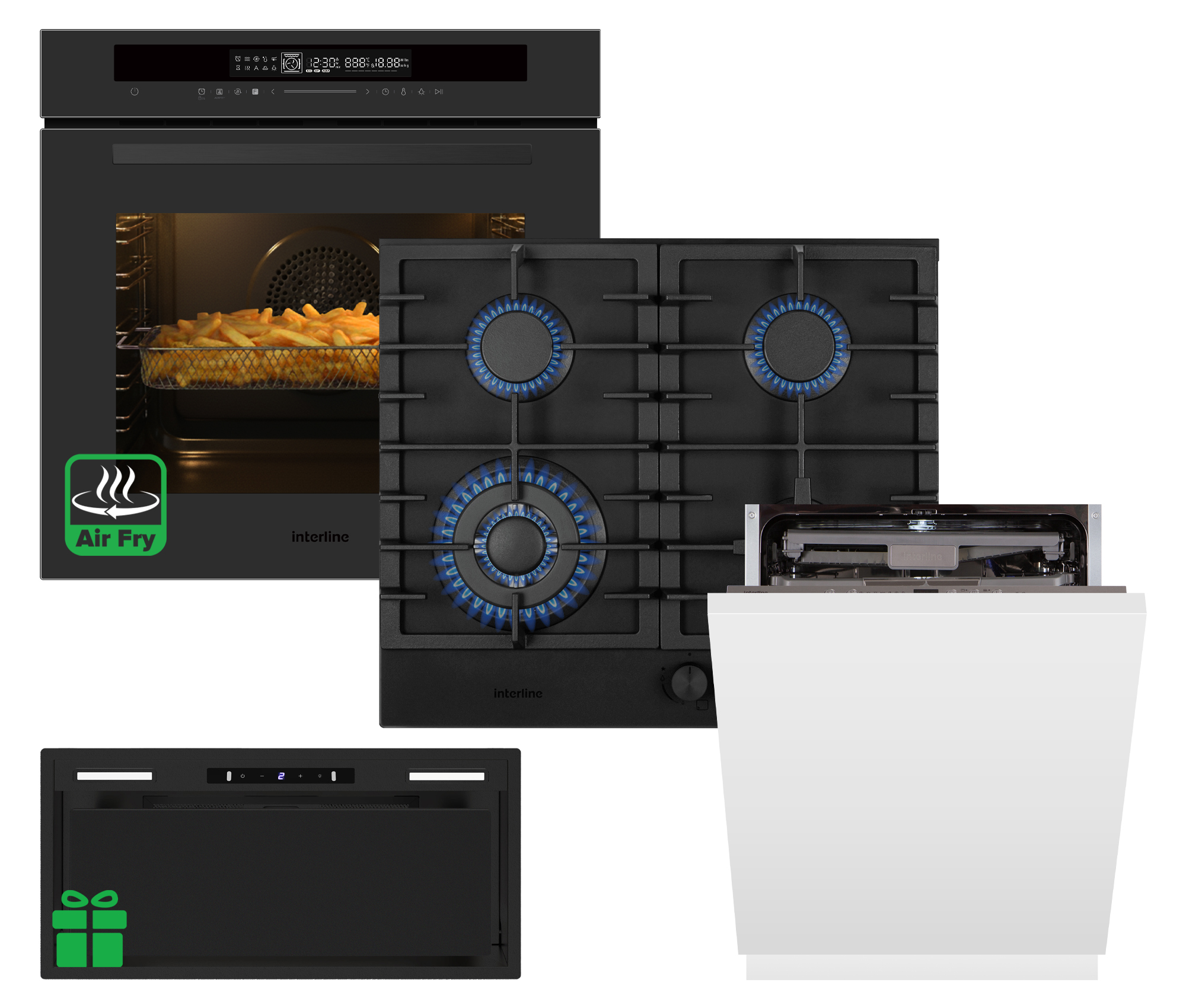 Комплект Духовка Interline OEG 935 STG BA Nano Matte+Поверхня газ Interline HGG 964 FGT BH Nano Matte+Посудомийна машина Interline DWI 965 DSO WA =Витяжка STRONG BL A/60/GL/M INV Nano  у подарунок 