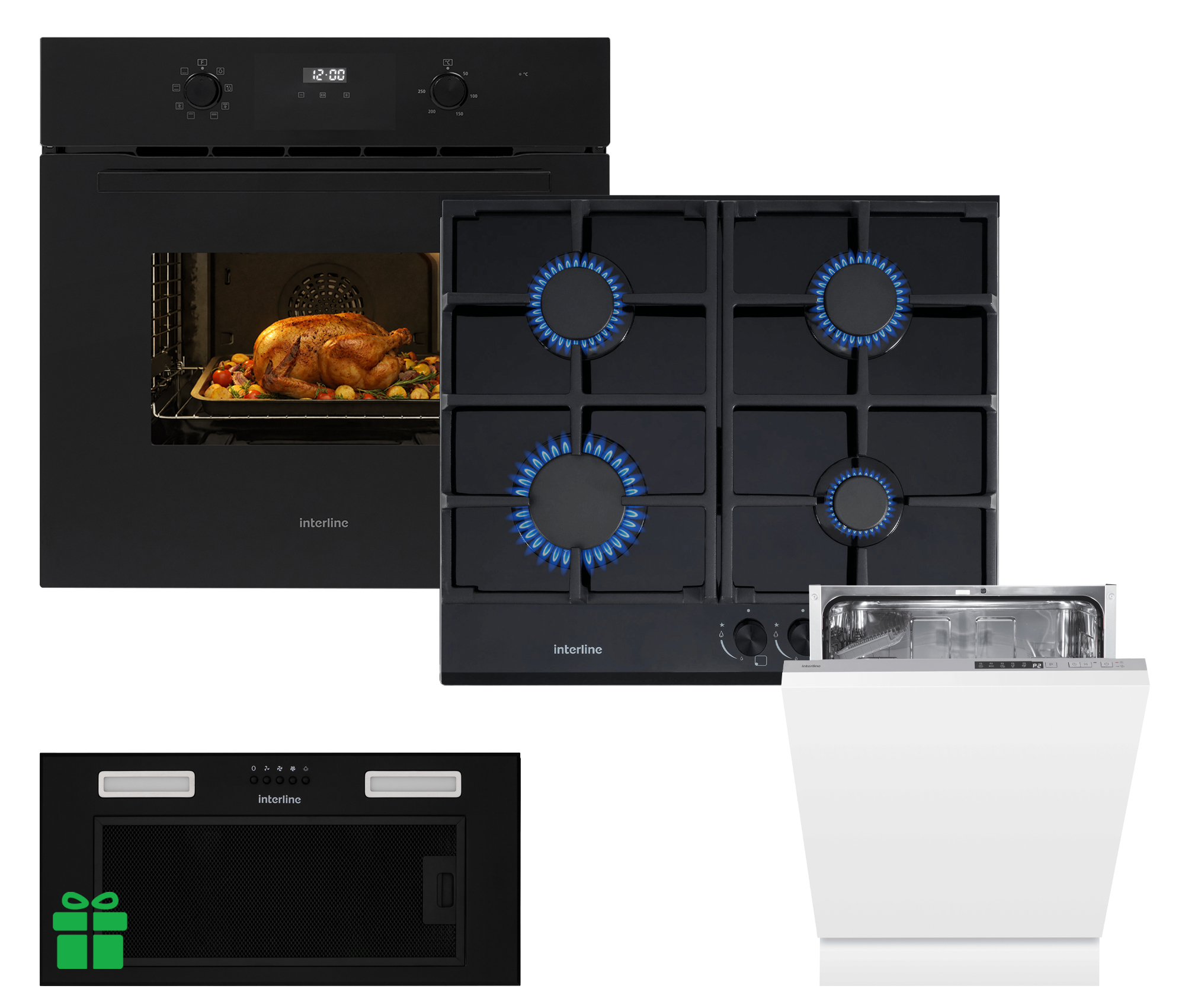 Комплект Духовка Interline OEG 581 ECR BA+Поверхня газ Interline VGS 463 FGK BA+Посудомийна машина Interline DWI 669  TSD GA++ =Витяжка SMART S BL A/60/TB у подарунок 