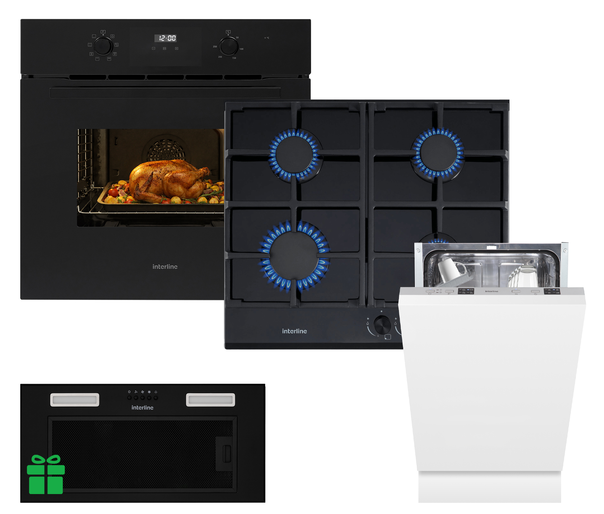 Комплект Духовка Interline OEG 581 ECR BA+Поверхня газ Interline VGS 463 FGK BA+Посудомийна машина Interline DWI 540 TSH GA+  =Витяжка SMART S BL A/60/Tу подарунок 