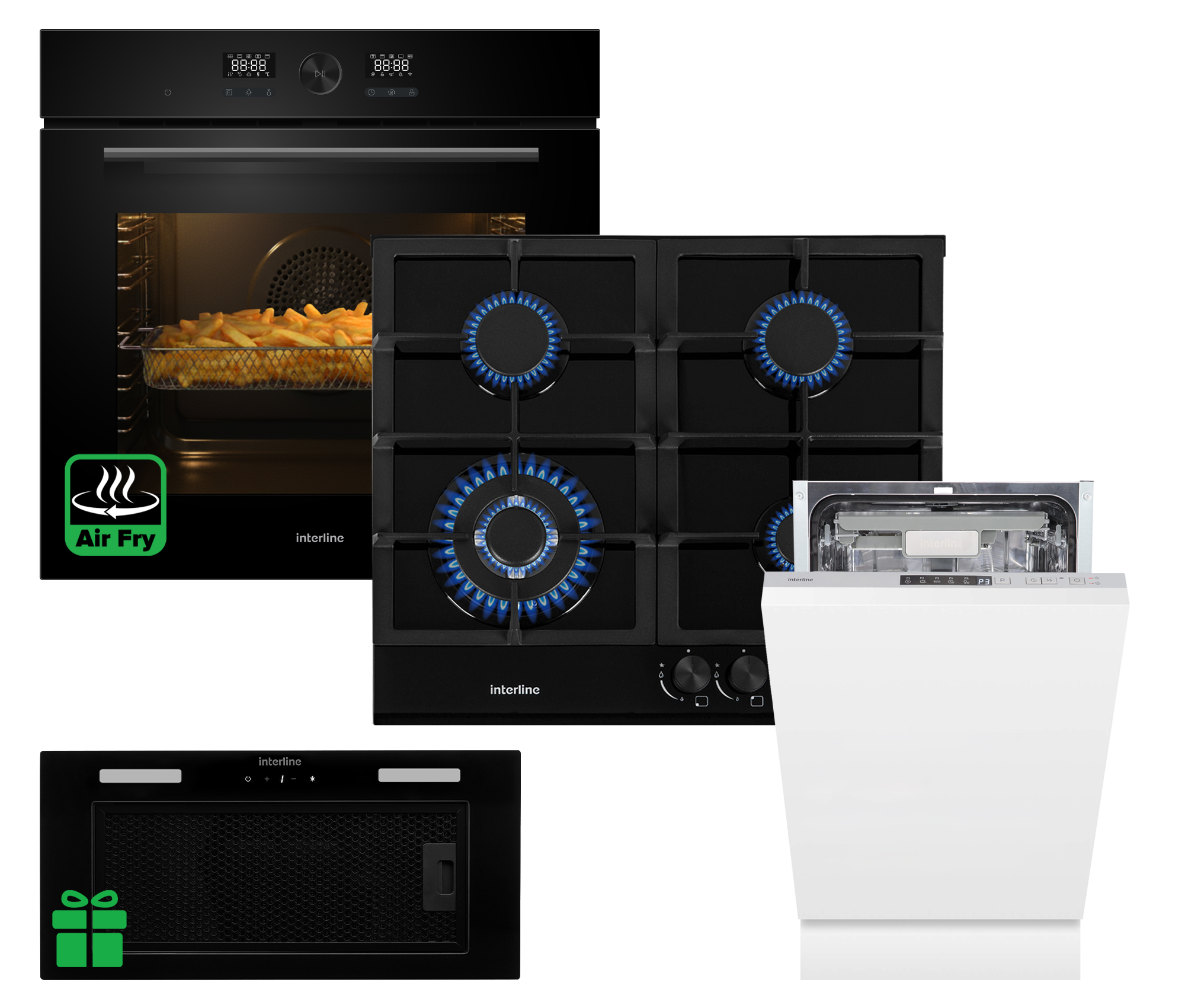 Комплект Духовка Interline OEG 734 ETD BA+Поверхня газ Interline HGG 764 FGT BA+ Посудомийна машина Interline DWI 549 BSA  GA=Витяжка LINE SENS A/60 GL/PB  у подарунок 