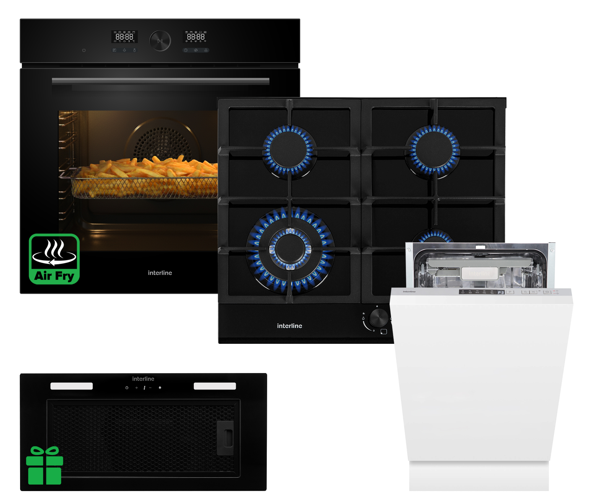 Комплект Духовка Interline OEG 734 ETD BA+Поверхня газ Interline HGG 764 FGT BA+ Посудомийна машина Interline DWI 549 BSA  GA=Витяжка SKYLINE Sense BL A/60/GL/ST  у подарунок 