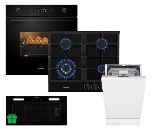 Комплект Духовка Interline OEG 592 ETW BA+Поверхня газInterline HGG 764 FGT BA+ Посудомийна машина Interline DWI 549 BSA  GA=Витяжка LINE SENS A/60 GL/PB  у подарунок - 1