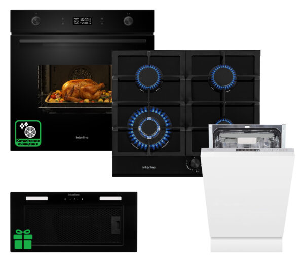 Комплект Духовка Interline OEG 592 ETW BA+Поверхня газInterline HGG 764 FGT BA+ Посудомийна машина Interline DWI 549 BSA  GA=Витяжка SKYLINE Sense BL A/60/GL/ST  у подарунок - 1